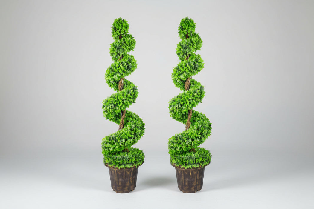 120cm Pair of Green Large Spiral Topiary Trees with Decorative Planters