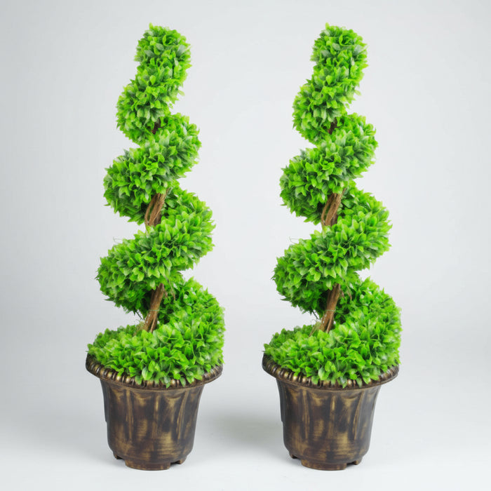 90cm Pair of Green Large Leaf Spiral  Topiary Trees with Decorative Planters