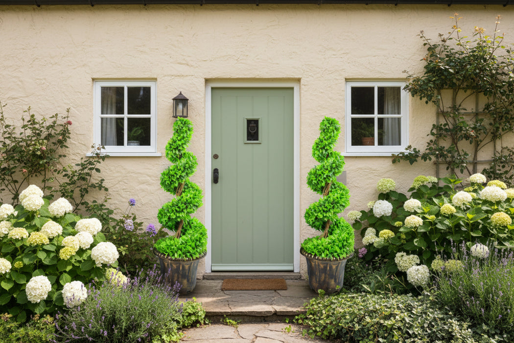 90cm Pair of Green Large Leaf Spiral  Topiary Trees with Decorative Planters
