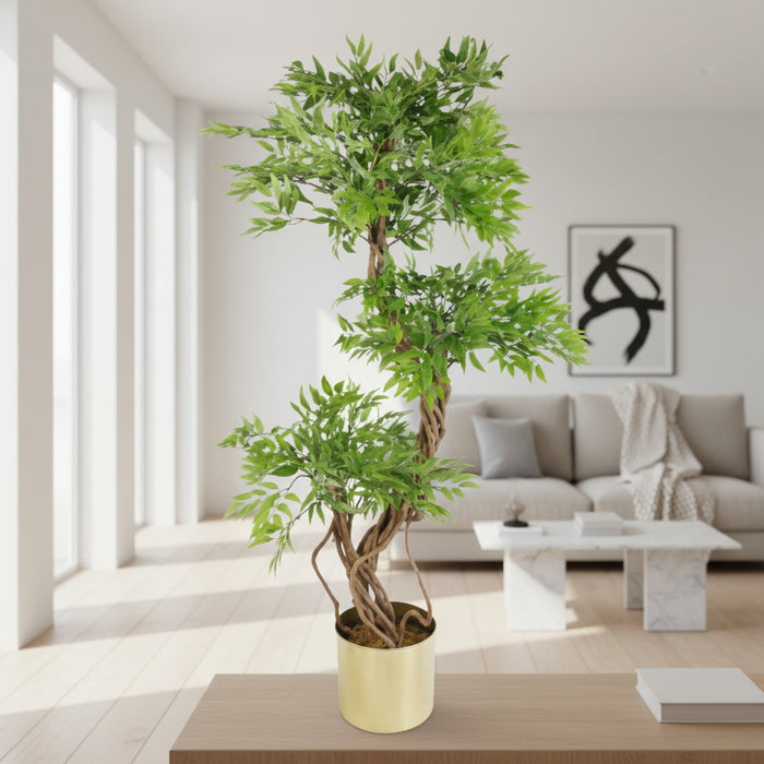140cm Realistic Japanese Fruticosa Tree Ficus Gold Metal Planter.