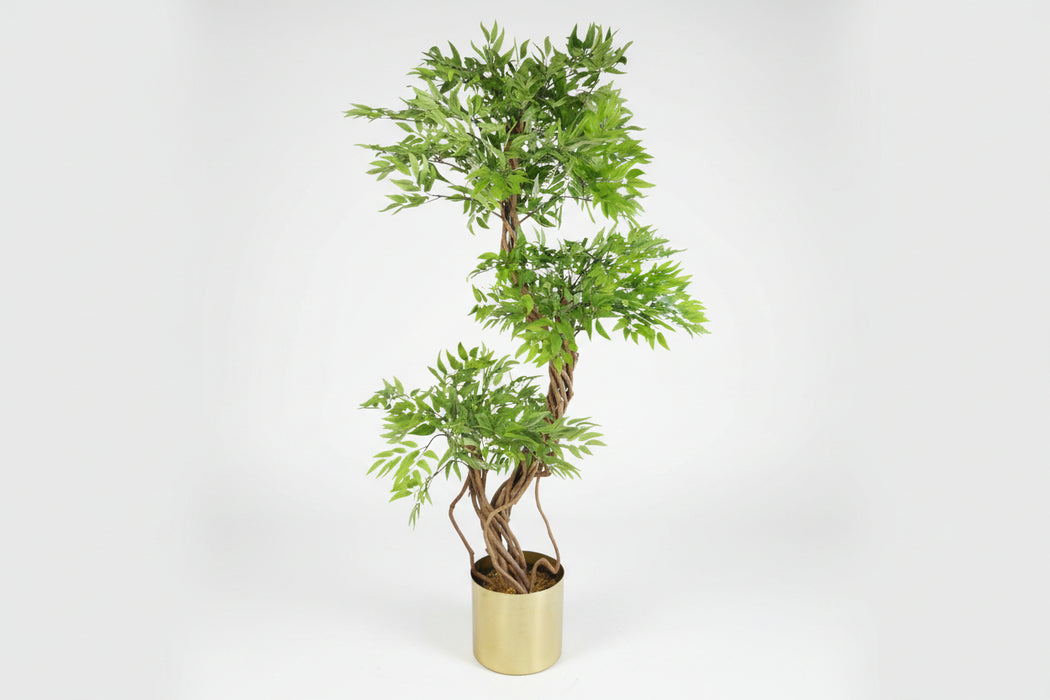 140cm Realistic Japanese Fruticosa Tree Ficus Gold Metal Planter.