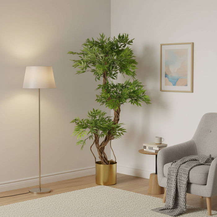 140cm Realistic Japanese Fruticosa Tree Ficus Gold Metal Planter.