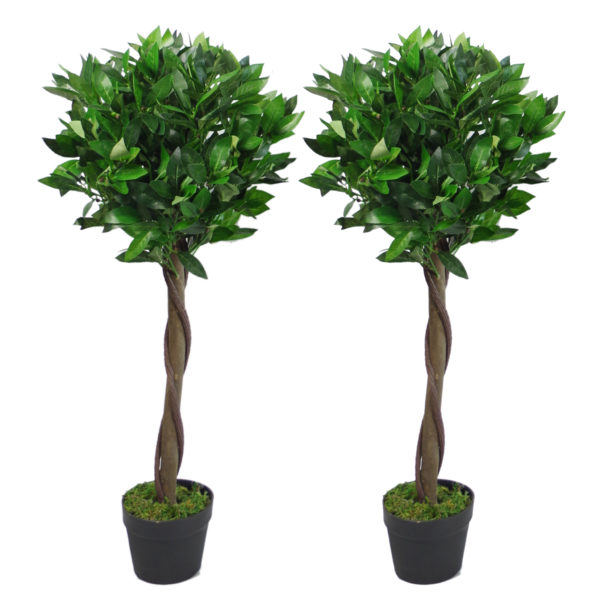 Pair of 90cm (3ft) Twisted Stem Artificial Topiary Bay Laurel Ball
