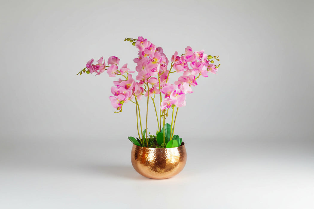 Large Artificial Orchids Display with XL Copper Bowl Planter