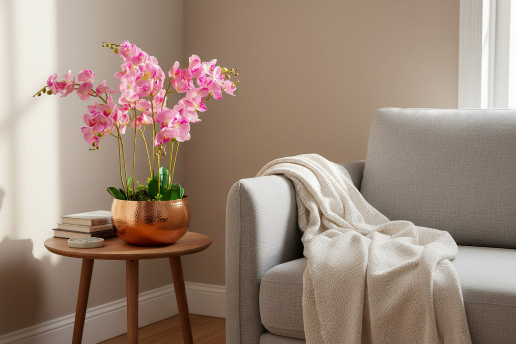 Large Artificial Orchids Display with XL Copper Bowl Planter