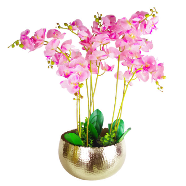 70cm Large Artificial Orchids Display with XL Gold Metal Planter