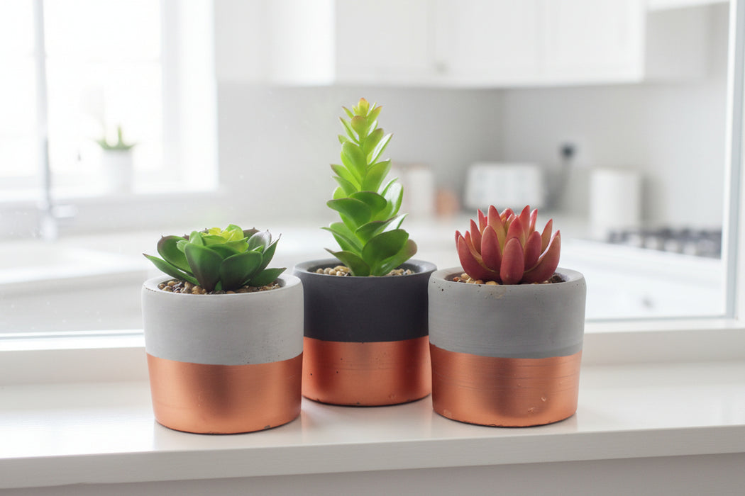 14cm Set of Three Stoneware Mini Copper Band Planters