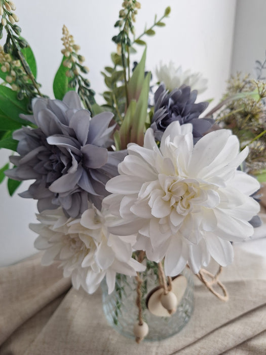 Blue & White Dahlia Faux Arrangement in Glass Vase
