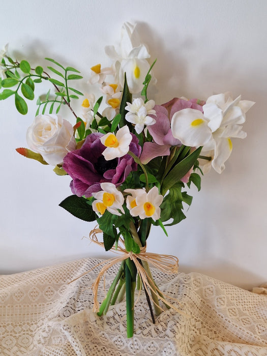Faux Spring Vase Arrangement with Iris, Daffodils & Anemones