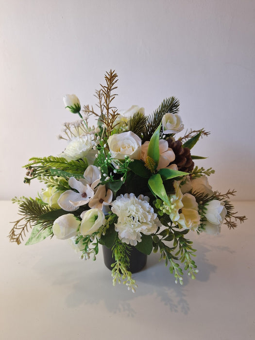 Grave Pot Memorial Arrangement – White Artificial Flowers with Pinecon