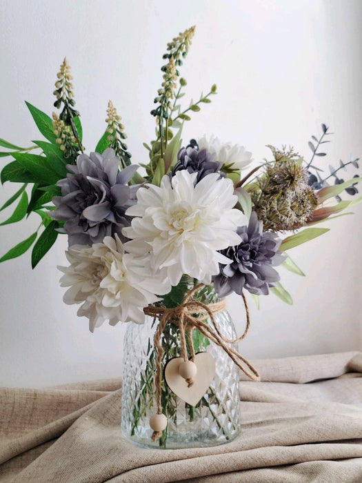Blue & White Dahlia Faux Arrangement in Glass Vase