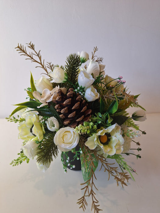 Grave Pot Memorial Arrangement – White Artificial Flowers with Pinecon