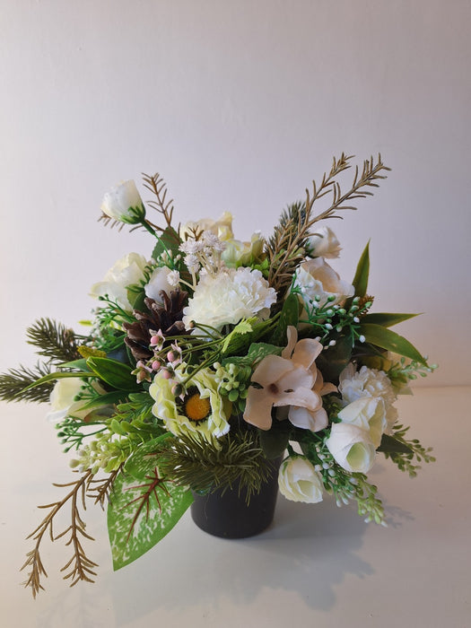 Grave Pot Memorial Arrangement – White Artificial Flowers with Pinecon