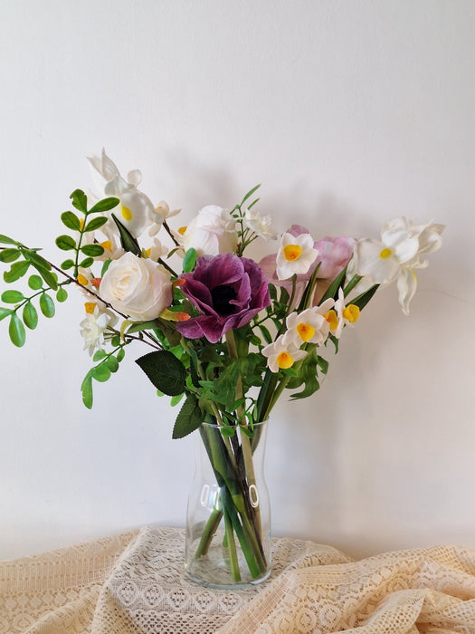 Faux Spring Vase Arrangement with Iris, Daffodils & Anemones