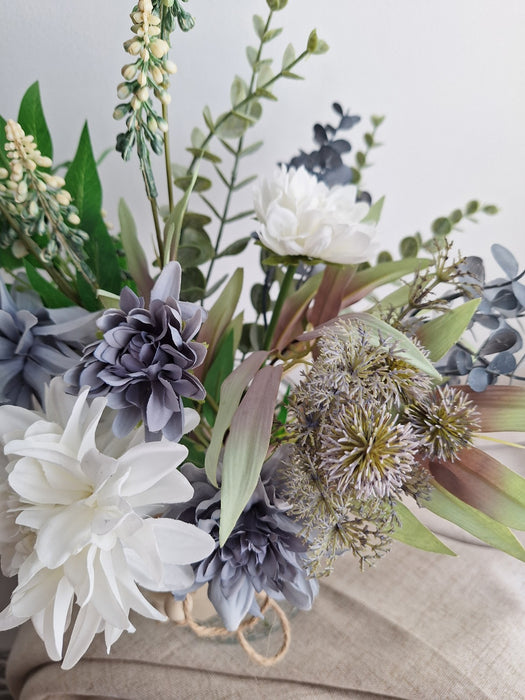 Blue & White Dahlia Faux Arrangement in Glass Vase