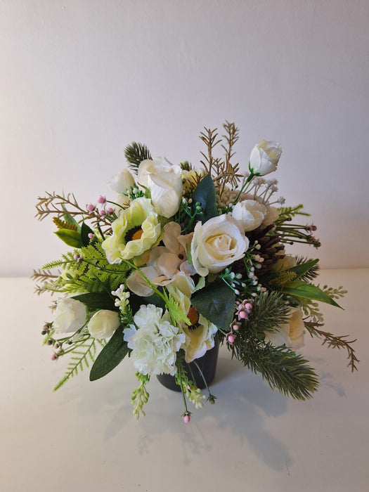 Grave Pot Memorial Arrangement – White Artificial Flowers with Pinecon