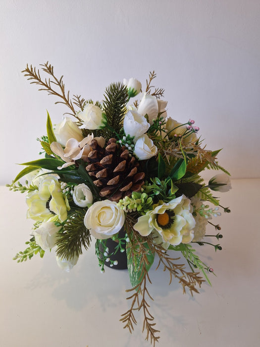 Grave Pot Memorial Arrangement – White Artificial Flowers with Pinecon