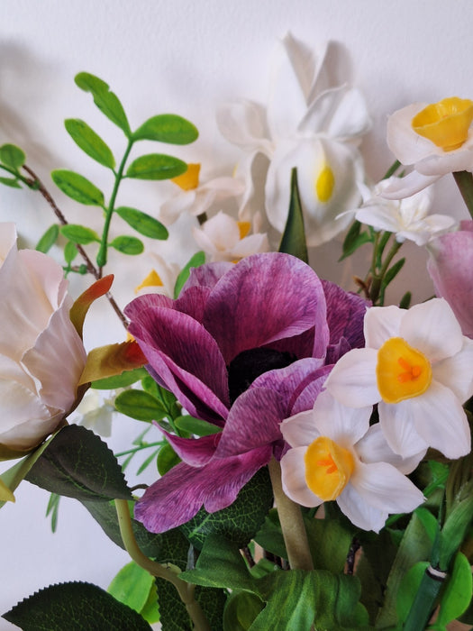 Faux Spring Vase Arrangement with Iris, Daffodils & Anemones