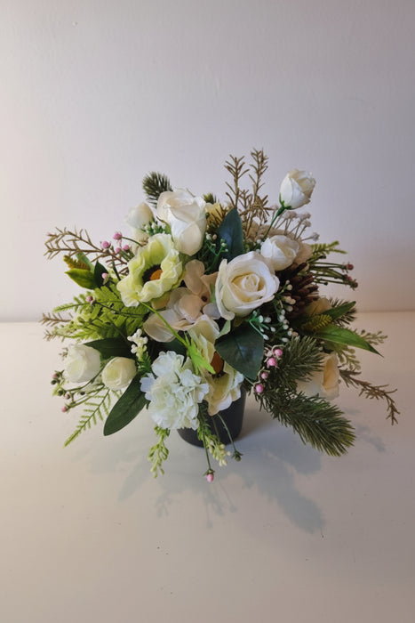 Grave Pot Memorial Arrangement – White Artificial Flowers with Pinecon