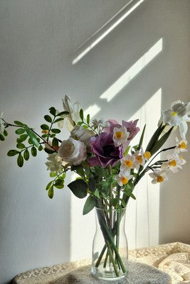 Faux Spring Vase Arrangement with Iris, Daffodils & Anemones