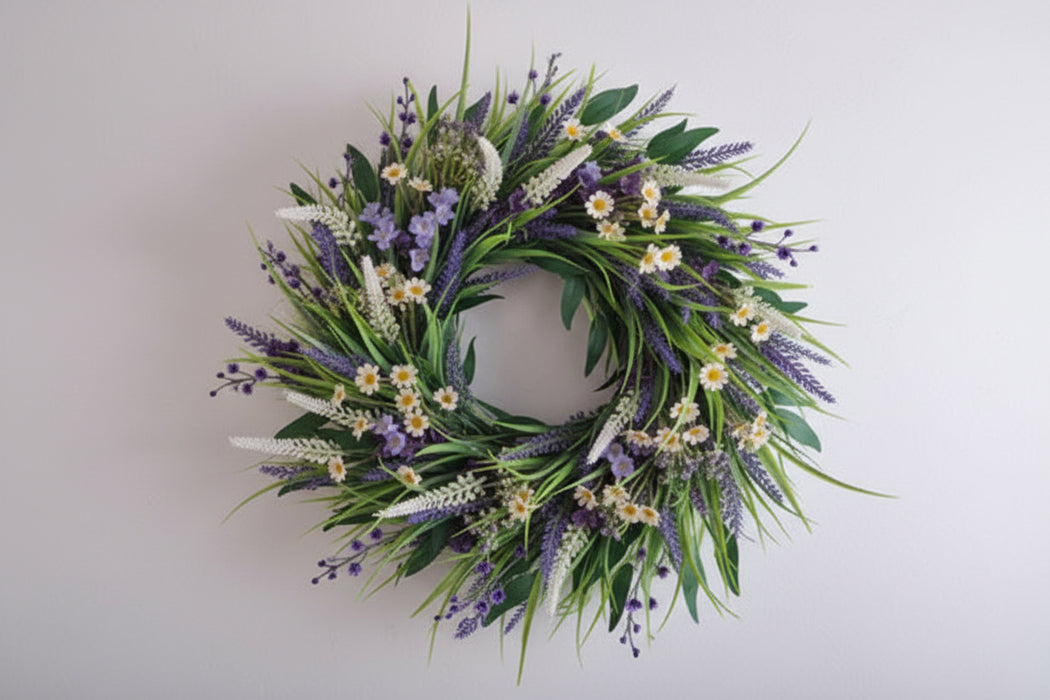 ARTIFICIAL ADEN Hand-Made Flower Spring and Summer Wreath – Lavender and Daisy