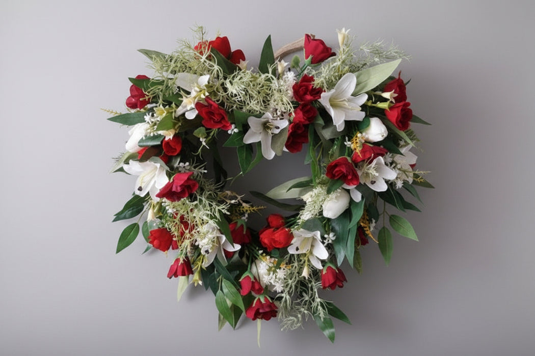 ARTIFICIAL EDEN Hand-Made Wedding Red And White Heart Wreath – Lily & Rosebud