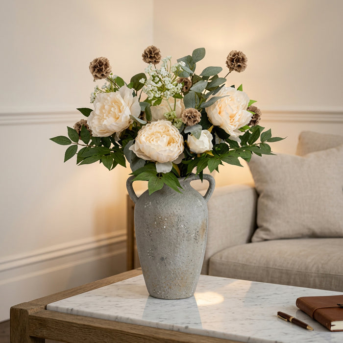 Cream Peony & Greenery Arrangement in Vase - 72cm