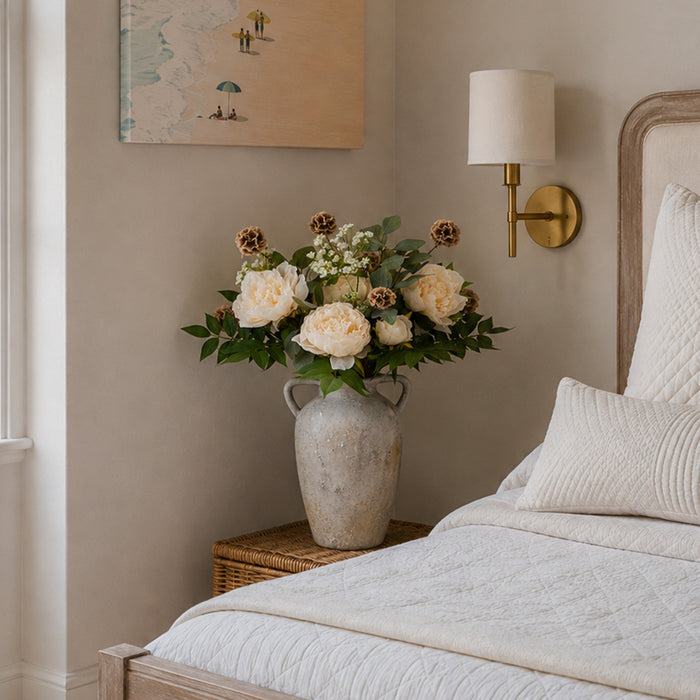 Cream Peony & Greenery Arrangement in Vase - 72cm